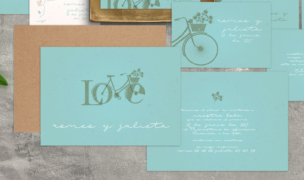Invitación de boda love de BubbleBu wedding con dibujo de bicicleta