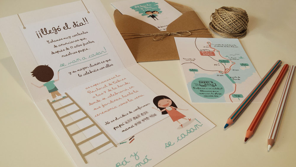 Invitacion de boda papá y mamá se casan con mapa de boda y sobre kraft